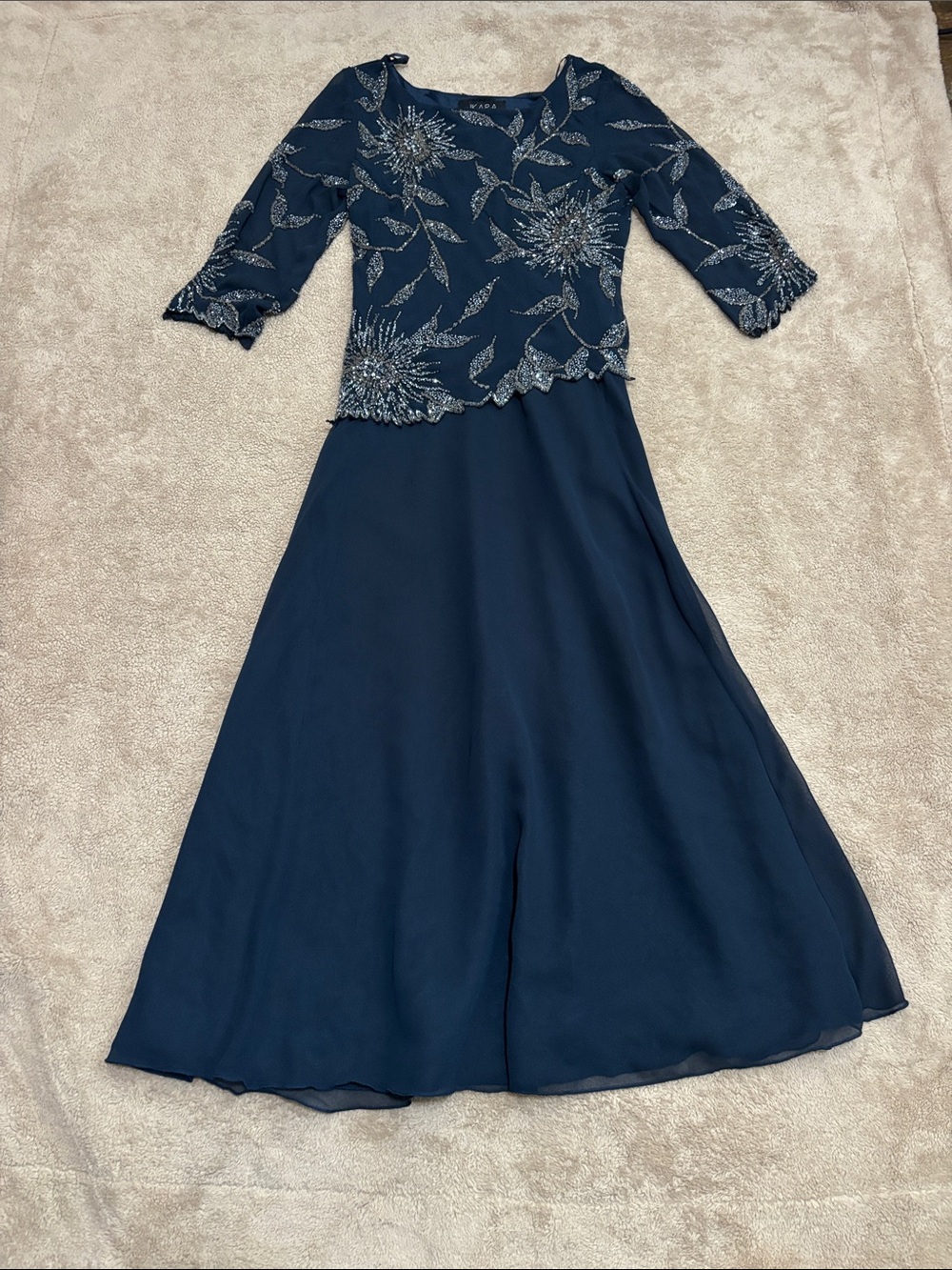 J Kara Navy Beaded Long Sleeve Evening Gown